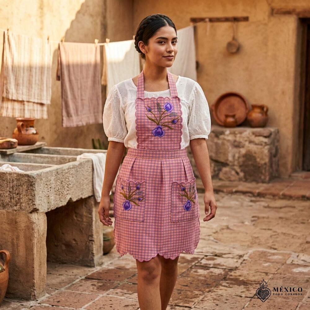 Mexican Embroidered Bib Apron for Women – Multicolor with Floral Design
